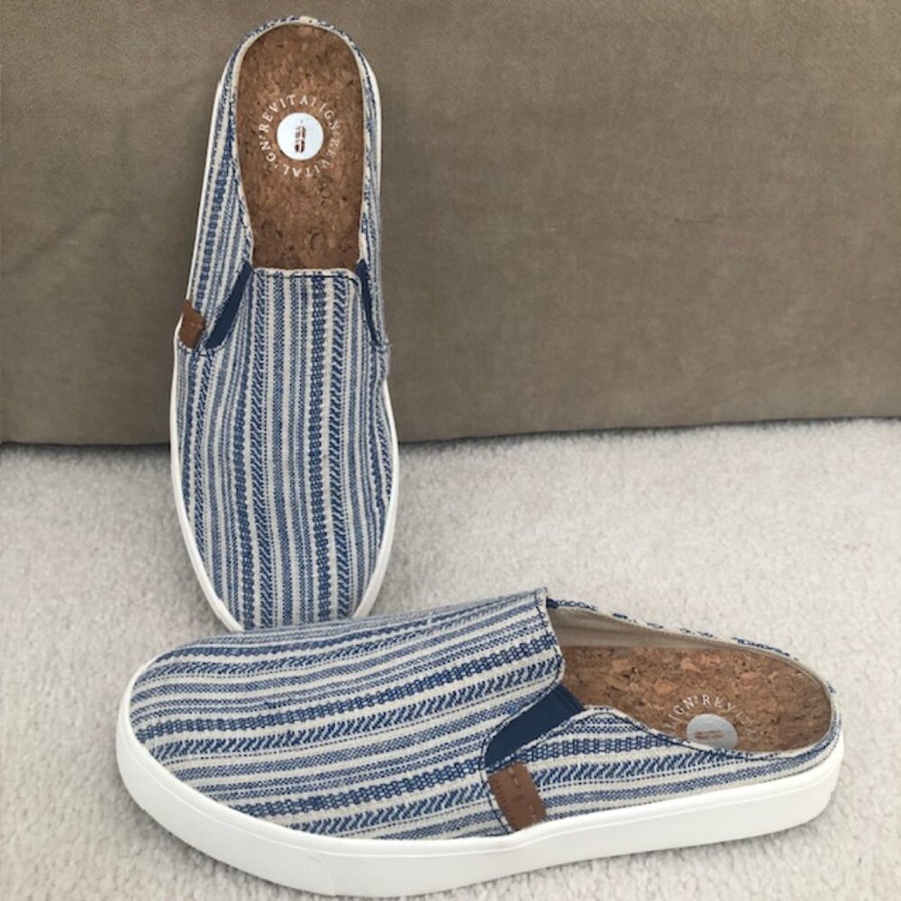 REVITALIGN Women's Esplanade Canvas Slides/Mules in Blue Stripe - Orthotic, 7.5